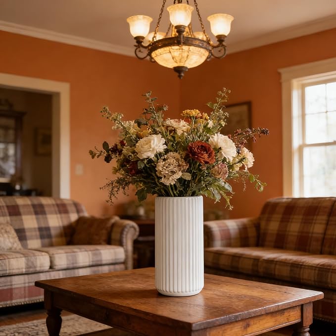 White Ceramic Flower Vase for Pampas Grass, 10 inch Large Decorative Centerpiece Ribbed Vase for Dining Table, Office Desktop, Shelf Bookshelf, Mantel, Entryway, Bathroom, Countertop, Farmhouse, Gift