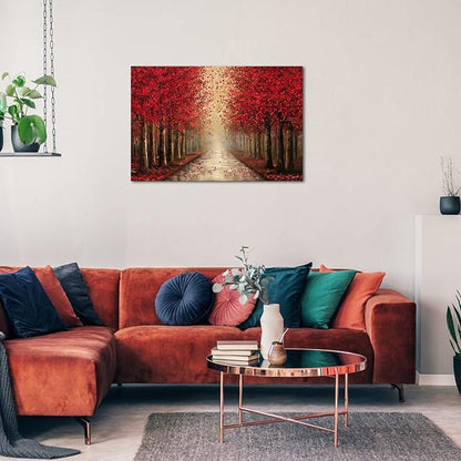 NutArtPic Forest Path Canvas Wall Art Red Tree Painting Black Red Landscape Art Prints Fantasy Tree Artwork Nature Pictures Prints 24''x36''