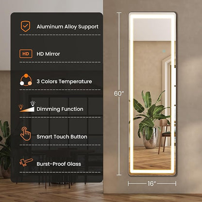 Sweetcrispy LED Full Length Mirror with Stand, 60"x16" Lighted Floor Body Mirror with Dimming & 3 Color Lighting, Hanging or Leaning, Floor Standing for Bedroom, Dressing Room