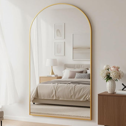 Full Length Mirror, 76"x44" Arched Floor Mirror Freestanding, Floor Standing Full Body Mirror with Stand for Bedroom, Hanging Mounted for Living Room Cloakroom, Gold