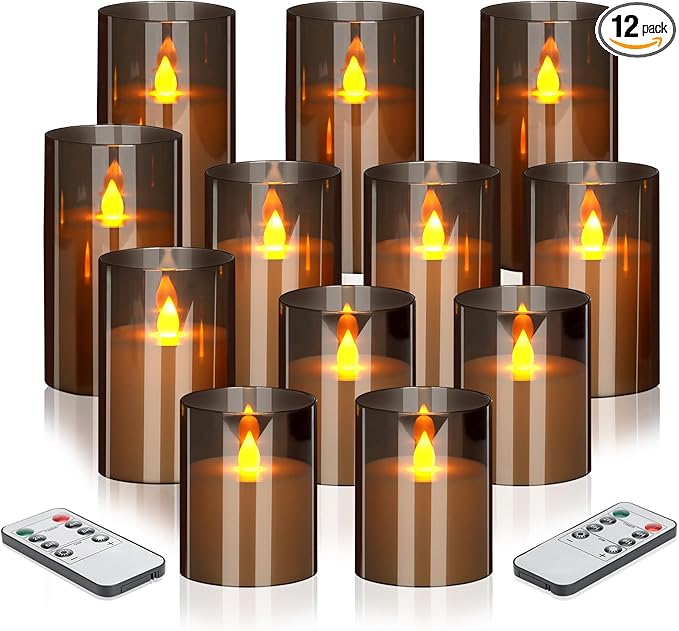 wemarry Flameless Candles 4" 5" 6" Acrylic Glass Pillars 3" Diameter Battery Operated Flickering Candles Include 8-Key Remote with Timer Function 400+ Hours (Gray, Warm Light 12 Pack)