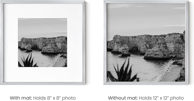 HAUS AND HUES 12x12 Silver Metal Picture Frame Matted to 8x8 - Premium Aluminum with Hanging Hardware, Shatterproof Plexiglass - Ideal for Home or Office (12x12 in, Silver, Set of 1)