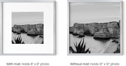 HAUS AND HUES 12x12 Silver Metal Picture Frames Matted to 8x8 - Premium Aluminum with Hanging Hardware, Shatterproof Plexiglass - Ideal for Home or Office (12x12 in, Silver, Set of 6)