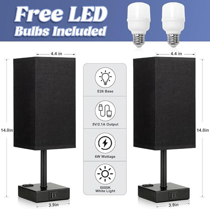 aooshine Black Lamp for Nightstand - Touch Table Lamp with Type C + A and AC Outlet, Square Charging Lamps for Bedroom Decor, Small Night Light for Office, Dorm Lamp for Men, E26 Bulb Included