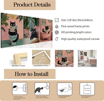 Funny Pink Bathroom Cat Wall Art Painting Set of 3 Maximalist Cute Black Cat Bathroom Wall Decor, Eclectic Animal Restroom Poster Canvas Prints Pictures 12x16 inch Framed