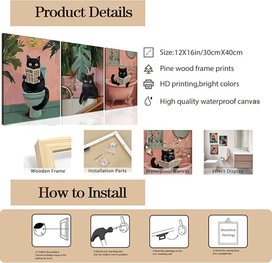 Funny Pink Bathroom Cat Wall Art Painting Set of 3 Maximalist Cute Black Cat Bathroom Wall Decor, Eclectic Animal Restroom Poster Canvas Prints Pictures 12x16 inch Framed