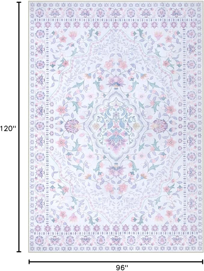 Wonnitar Floral Purple Rug for Bedroom, 8x10 Washable Rugs for Nursery Girls, Boho Low Pile Soft Non Slip Carpet for Dorm Living Room Playroom Home Decor, Pale Purple