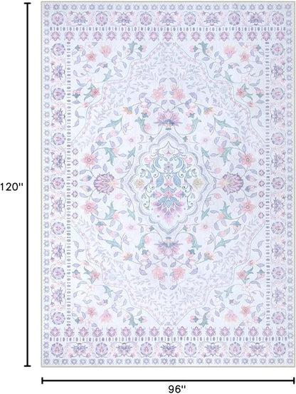 Wonnitar Floral Purple Rug for Bedroom, 8x10 Washable Rugs for Nursery Girls, Boho Low Pile Soft Non Slip Carpet for Dorm Living Room Playroom Home Decor, Pale Purple