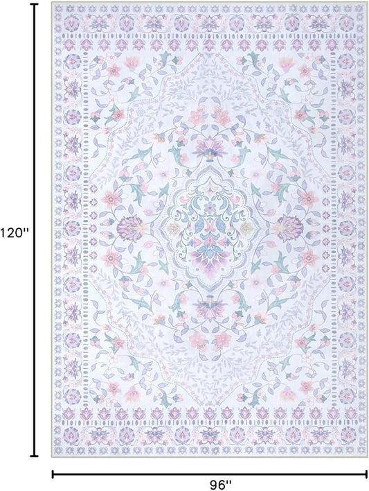 Wonnitar Floral Purple Rug for Bedroom, 8x10 Washable Rugs for Nursery Girls, Boho Low Pile Soft Non Slip Carpet for Dorm Living Room Playroom Home Decor, Pale Purple