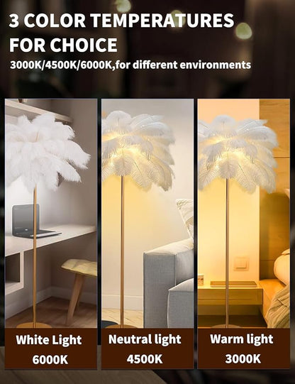 Feather Floor Lamp,Fluffy Ostrich Feather Floor Lamp for Bedroom,3 Color Temperatures Led Corner Modern Floor Lamps for Living Room Christmas Home Decor House Warming Gifts,63″ Height (White)