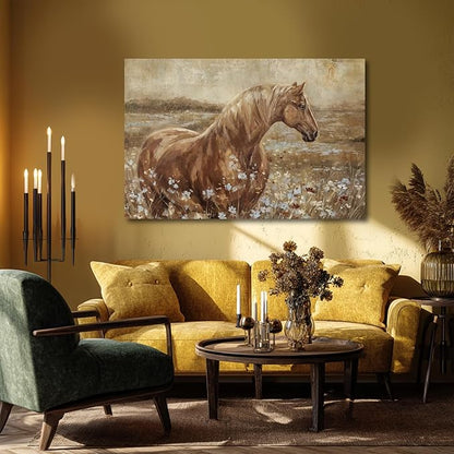 ZENPEE Horse Canvas Wall Art for Living Room Large Brown Horse Painting Western Farmhouse Wall Decor Above Couch Rustic Animal Wall Art 32x48 Inch