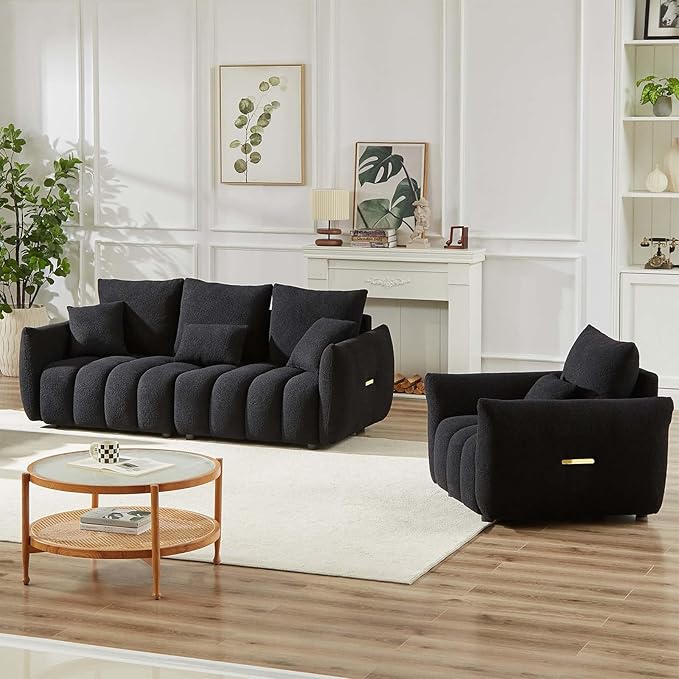 Antetek Teddy Sofa Set for Living Room, Modern Deep Seat Sofa Chair and Oversized 3-Seater Cloud Boucle Couch for Bedroom, Office, Apartment, Furniture Set, Black (2 Piece)