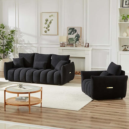 Antetek Teddy Sofa Set for Living Room, Modern Deep Seat Sofa Chair and Oversized 3-Seater Cloud Boucle Couch for Bedroom, Office, Apartment, Furniture Set, Black (2 Piece)