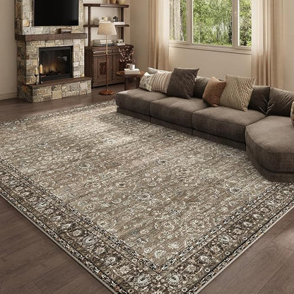 9x12 Area Rugs Grey and Brown Washable Rug for Living Room, Dining Room, Bedroom, Large Carpets, Non Slip & Non-Shedding Low Pile Vintage Print Rug for Home Office Decor