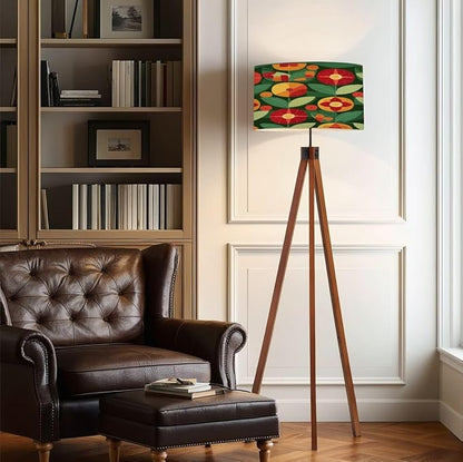 Wood Tripod Floor Lamp Flowers leaves nature Abstract geometric seamless Decorative ornament Mid Century Standing Lamp Linen Shade Dimmable Modern Tall lamp Home Decor for Living Room Bedroom Office