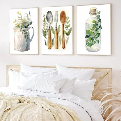 YFvrPt Boho Kitchen Wall Decor Set of 3 Dining Room Canvas Poster Kitchen Sage Green Plants Botanical Prints Eucalyptus Leaves Wall Art Minimalist Dining Room Pictures Artwork Unframed 12x16 inch