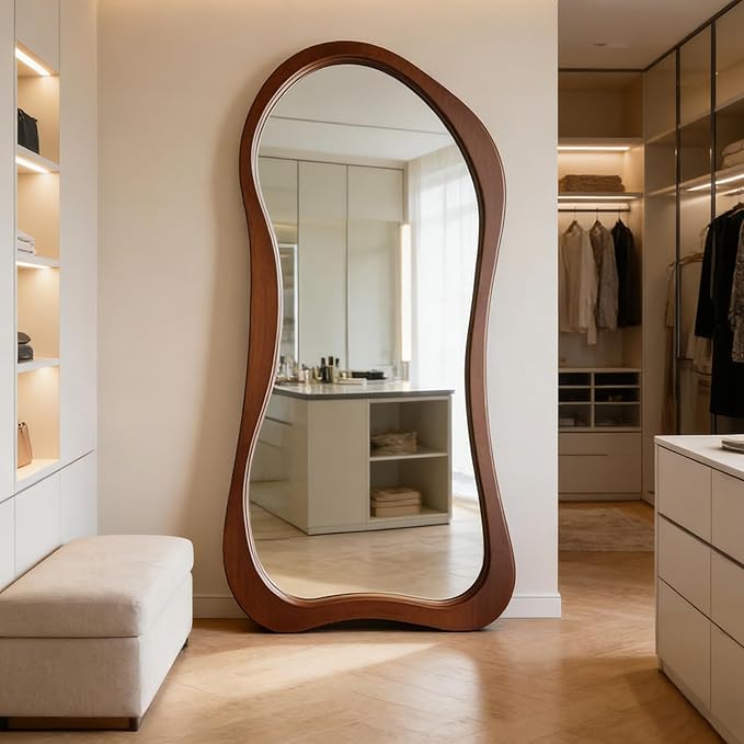 Large Irregular Mirror, 67"x31.5" Asymmetrical Full Length Mirrors with Solid Wood Frame, Premium Aesthetic Floor Mirror for Living Room Entryway Hallway Bedroom Cloakroom, Leaning/Hanging