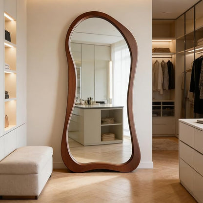 Large Irregular Mirror, 67"x31.5" Asymmetrical Full Length Mirrors with Solid Wood Frame, Premium Aesthetic Floor Mirror for Living Room Entryway Hallway Bedroom Cloakroom, Leaning/Hanging