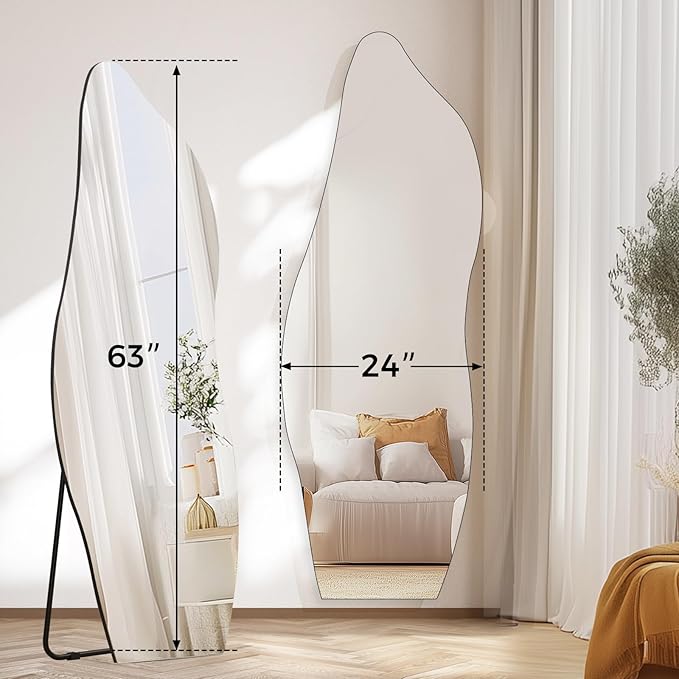 QDSSDECO Full Length Mirror with Stand 63"x24" Irregular Wall Mirror Wave Frameless for Living Room Bathroom Bedroom Entryway Decor