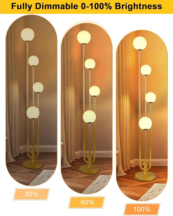63IN 4-Light Dimmable Floor Lamp, Unique Gold Tall Standing Lamps with 3000K Bulbs for Reading, Mid Century Modern Floor Lamp with 5Lbs Heavy Base for Living Room Bedroom Home Office