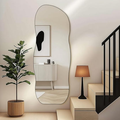 QDSSDECO Full Length Mirror with Bracket 63"x24" Irregular Wall Mirror Wave Frameless for Living Room Bathroom Bedroom Entryway Decor