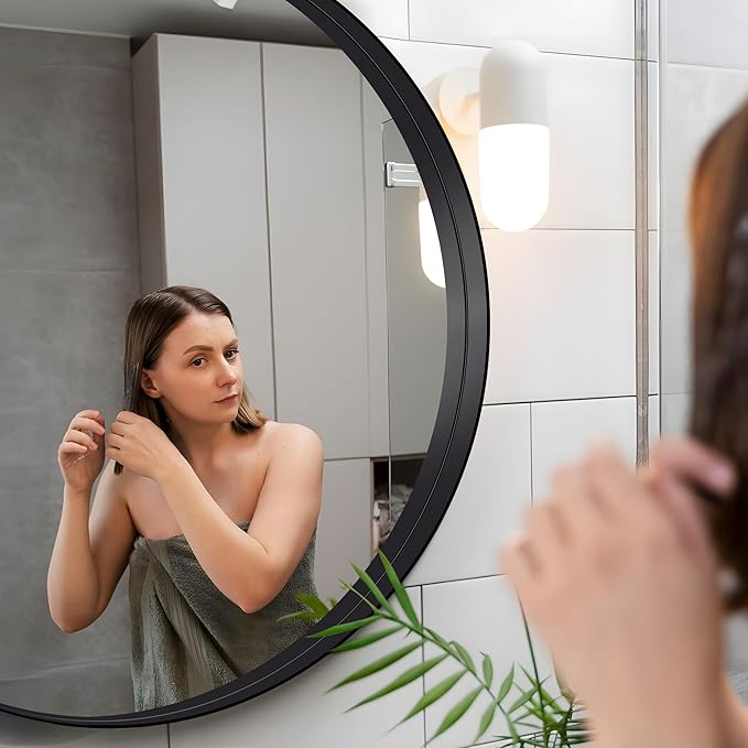 Black Round Mirror 28 inch Deep Frame Circle Mirror, Metal Framed Bathroom Mirror, Round Vanity Mirror, Circle Mirrors for Wall Entryway Bedroom Living Room Hallway