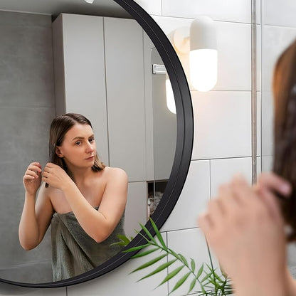 Black Round Mirror 28 inch Deep Frame Circle Mirror, Metal Framed Bathroom Mirror, Round Vanity Mirror, Circle Mirrors for Wall Entryway Bedroom Living Room Hallway