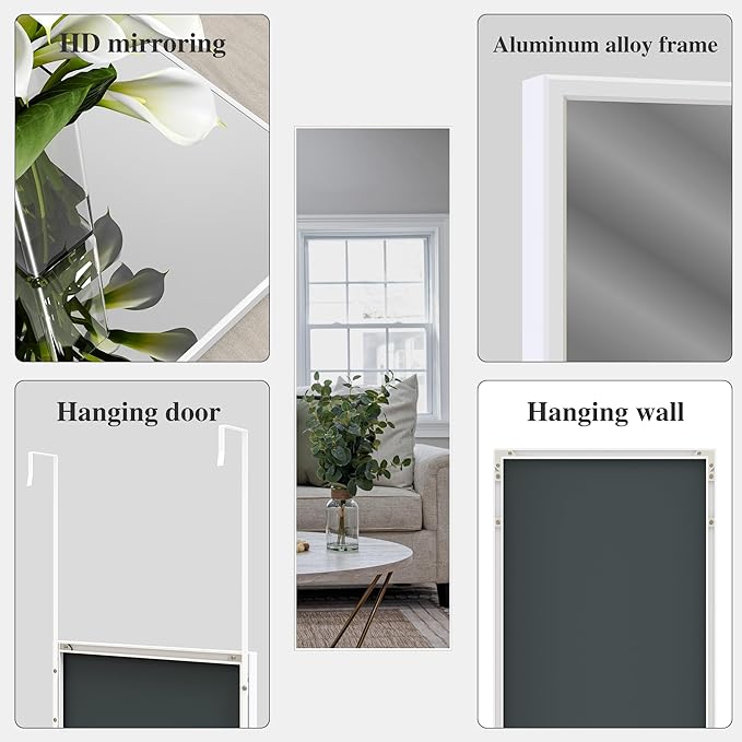 ANYHI Large Full Length Mirror, 60" x 18" Door Mirror Full Length, 2 Hooks, Over The Door or Wall Monuted, Aluminum Frame, for Bedroom Bathroom Checkroom, White