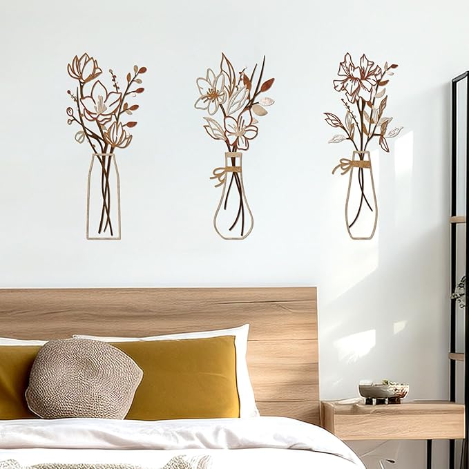 Zzbakress 3 Pcs Metal Flowers Wall Arts Rustic Farmhouse Decor Bathroom Wall Decor Metal Wall Decor for Living-room Dining-Room Kitchen Minimalist Decor Housewarming Gifts(Light Brown)