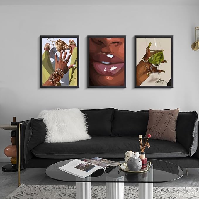 Hianan Black Girl Canvas Wall Art Set of 3, Wood Framed African American Woman Wall Decor, Fashion Black Women Poster Prints, Abstract Black Girl Aesthetic Pictures for Living Room Bedroom 12"x16"