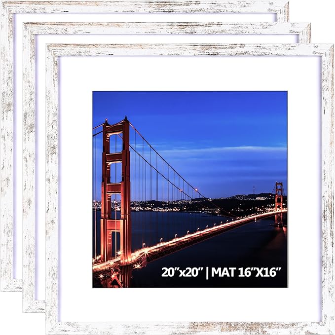 Yaetm 20x20 Picture Frame Rustic White Set of 3, Square 20x20 Frame Displays 16x16 with Mat or 20 x 20 without Mat, Gallery Wall Frames for Wall Mounting (3 Pack, White)