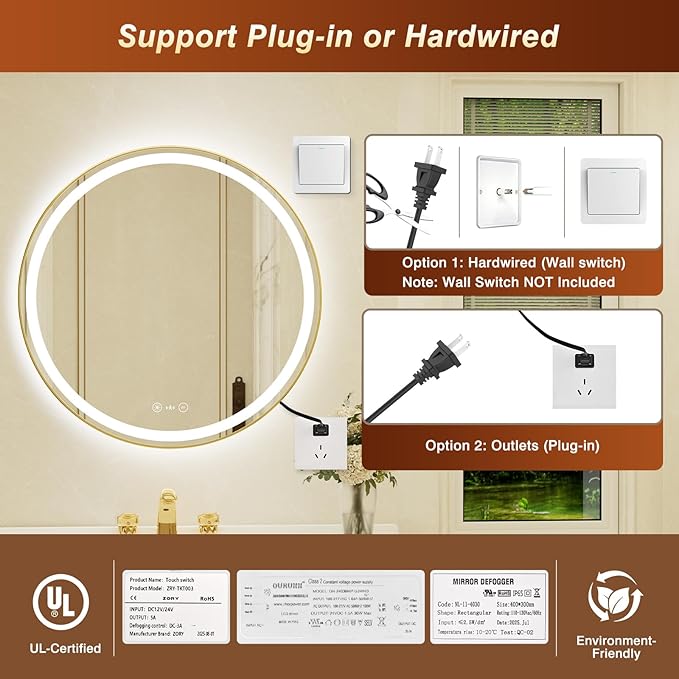 30 Inch Round Gold Framed LED Bathroom Mirror with Lights,Smart Bathroom Mirror,Motion Sensor,Tempered Glass,Anti-Fog,Stepless Dimmable & 3 Colors,Memory,Vanity Mirror for Wall