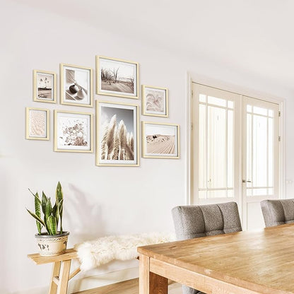 ArtbyHannah Gallery Wall Frame Set, 8 Pack Picture Frames Collage Wall Decor with Neutral Pampas Grass Art for Living Room, Assorted Size Including 11"x14", 8"x10", 5"x7"(Beige Frame)