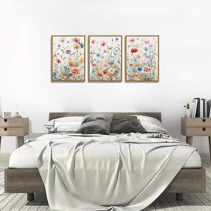 KISSFOX Colorful Wildflower Canvas Wall Art Set Of 3 Flowers Pictures Prints Flowers Printing Floral Watercolors Flower wall Decor Living Room Girls Bedroom Bathroom (Grey Blue, 12"x16" Natural Framed, Framed)