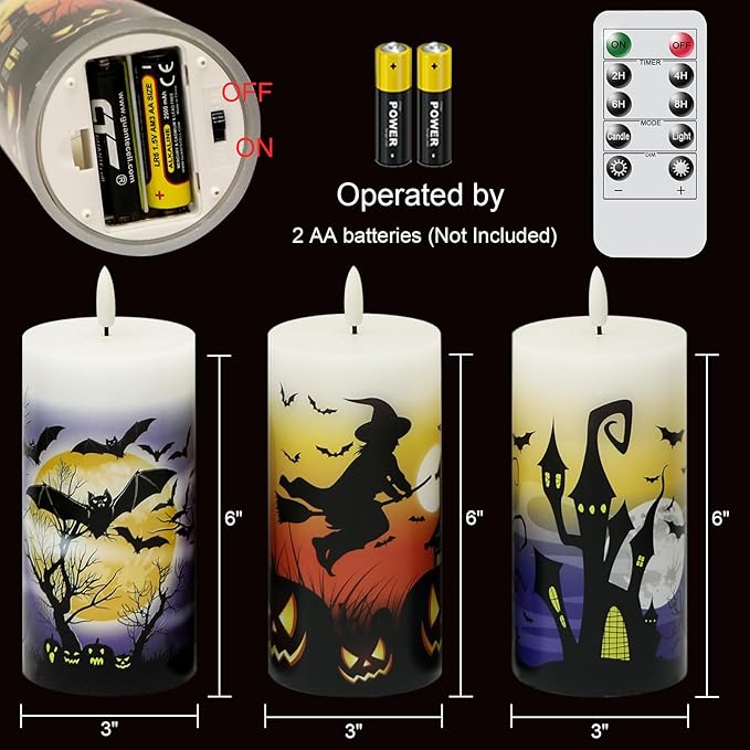 Halloween Flameless LED Candles Battery Operated with Remote and Timer, Real Wax Flickering Pillar Candles 3D Wick Dimmable Light Castle Witch Bats Halloween Decor(3 Pack, 3 x 6 Inches)
