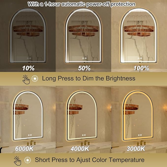 24"x36" Black Framed Arched LED Bathroom Mirror with Lights, Front Light and Backlit Vanity Mirror for Wall, Dimmable LED, Anti-Fog and 3 Colors, Light Up Bathroom Vanity Mirror