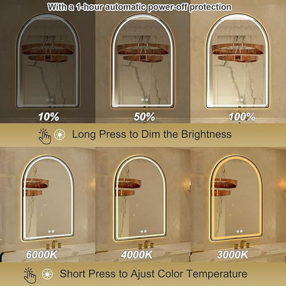 24"x36" Black Framed Arched LED Bathroom Mirror with Lights, Front Light and Backlit Vanity Mirror for Wall, Dimmable LED, Anti-Fog and 3 Colors, Light Up Bathroom Vanity Mirror