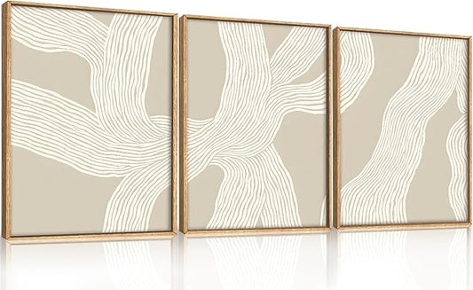 HPNIUB Abstract Beige Framed Canvas Prints Wall Art Set,Neutral Minimalist Lines Wall Decor,Modern Textured Artwork for Living Room, Bedroom,Dining Room, Office, Bathroom Decor-12 x16 x3