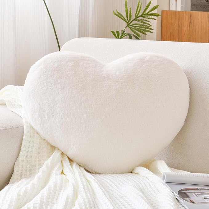 XVTRU Ivory Heart Pillows, Cute Heart Decorative Pillow, Heart Shaped Throw Pillows for Bed, Faux Rabbit Fur Plush Hoom Decor Pillow Cushion for Chair Sofa Living Room (Medium-15.7"x11.8")
