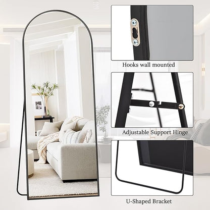 Rowjut Full Length Mirror Arched Floor Length Mirrors, 71"x26" Large Full Body & with Stand & Arch Wall Mounted & Standing Mirror for Bedroom Living Room, Aluminum Frame, Black