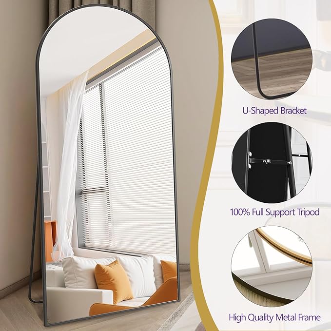 Prywot Full Length Mirror, Oversized 78"x38" Arched-Top Floor Mirrors, Modern Full Body Mirrors with Stand, Wall Mirror with Aluminum Alloy Frame for Bedroom,Living Room, Black