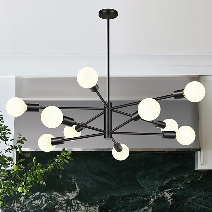 10.9"-52.3" Height Adjustable Sputnik Chandeliers Dining Room Light Fixture (10-Light, 32-Inch), Modern Black Chandelier, Mid Century Modern Chandeliers for Dining Room Kitchen (Bulbs Not Included)