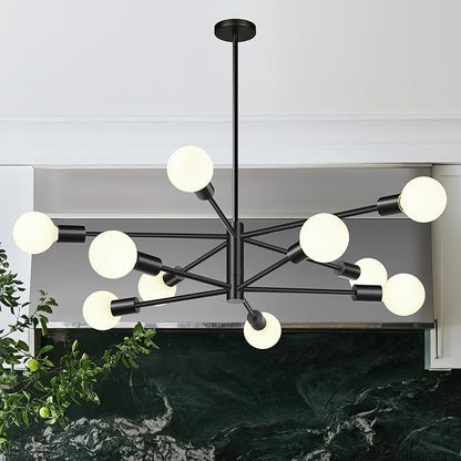 10.9"-52.3" Height Adjustable Sputnik Chandeliers Dining Room Light Fixture (10-Light, 32-Inch), Modern Black Chandelier, Mid Century Modern Chandeliers for Dining Room Kitchen (Bulbs Not Included)