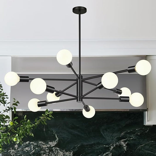 10.9"-52.3" Height Adjustable Sputnik Chandeliers Dining Room Light Fixture (10-Light, 32-Inch), Modern Black Chandelier, Mid Century Modern Chandeliers for Dining Room Kitchen (Bulbs Not Included)