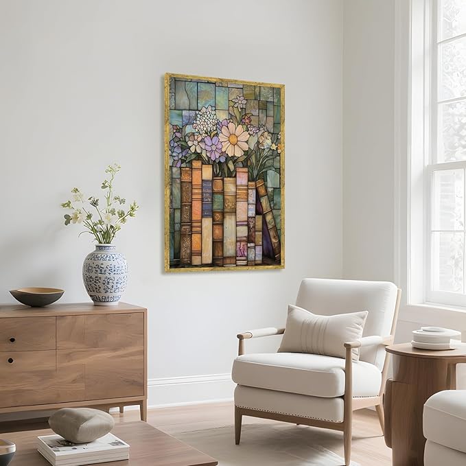 Large Gold Framed Stained Glass Books Wildflower Canvas Poster Print Vintage Floral Library Wall Art Trendy Flower Artwork Mid-century Botanical Book Stack Painting Pictures Wall Decor 24x36inch