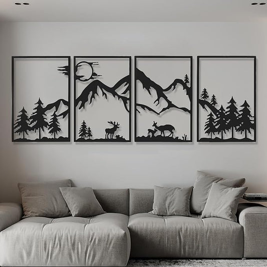 AMAATE Nordic Forest Deer Metal Wall Art Set of 4, Black Iron Animal Silhouette Wall Decor with Mountain and Pine Tree Designs, Minimalist Nature Themed Art for Living Room, Bedroom, Cabin Decor,17.7" X 26.4"