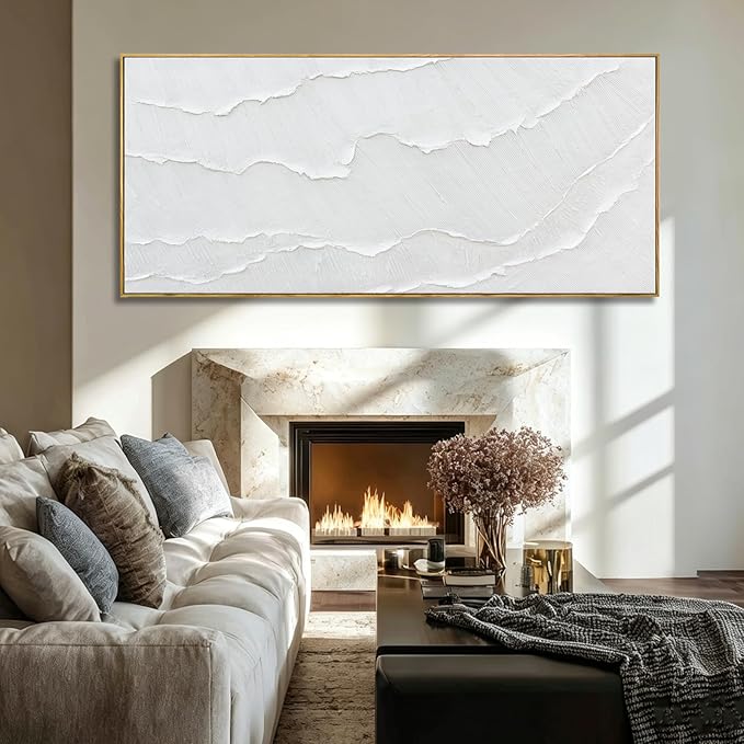 WINKAILIN White Wave Wall Art Textured Canvas Hand-drawn Minimalist Pictures Modern Oversized Painting Extra Large Artwork for Living Room Office Hallway Home Decoration 32x70 Inch