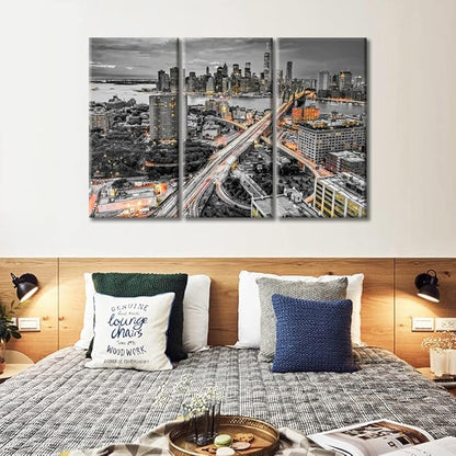 TUMOVO Brooke Bridge, Manhattan, New York Skyline Black and White Wall Art 3 Pieces Nighttime Lightscape Bedroom Living Room City Skyline Wall Decor for Living Room Framed Ready to Hang (60" Wx40 H)