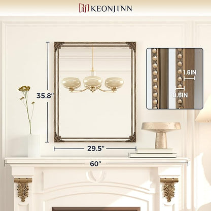 Keonjin Gold Vintage Mirror 30 x 36 Inch, Antique Mirrors Rectangle, Traditional Brass Mantel Decoration, Baroque Style Wall Decor for Hallway, Fireplace, Entryway, Living Room, Anti-Rust, Waterproof