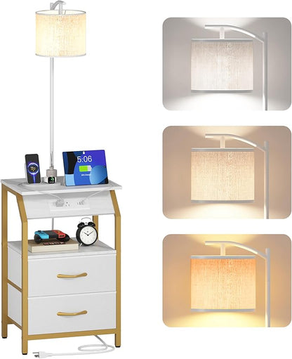 End Table with Floor Lamp, Nightstand with Charging Station, Floor Lamp Table with 3-Color Temperature Bulb, Bedside Table Night Stand with 2 Drawers for Bedroom, Living Room, Gold